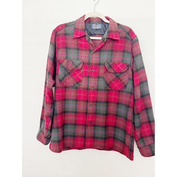 Pendleton Vintage 1960's Wool Plaid Shadow Board Shirt Red Green M - Picture 2 of 6